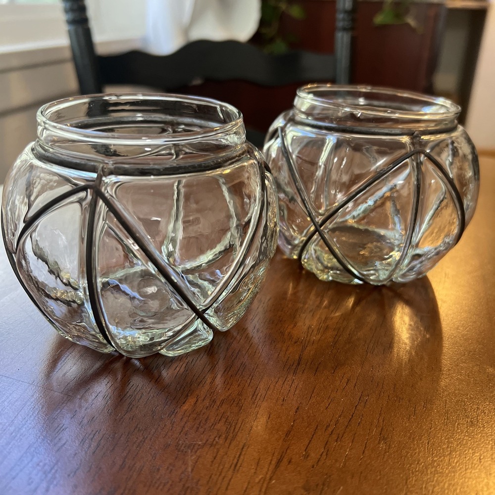Two Glass Candle Holders With Permanent Metal Wrapping 3.5" X 2.75" X 4"